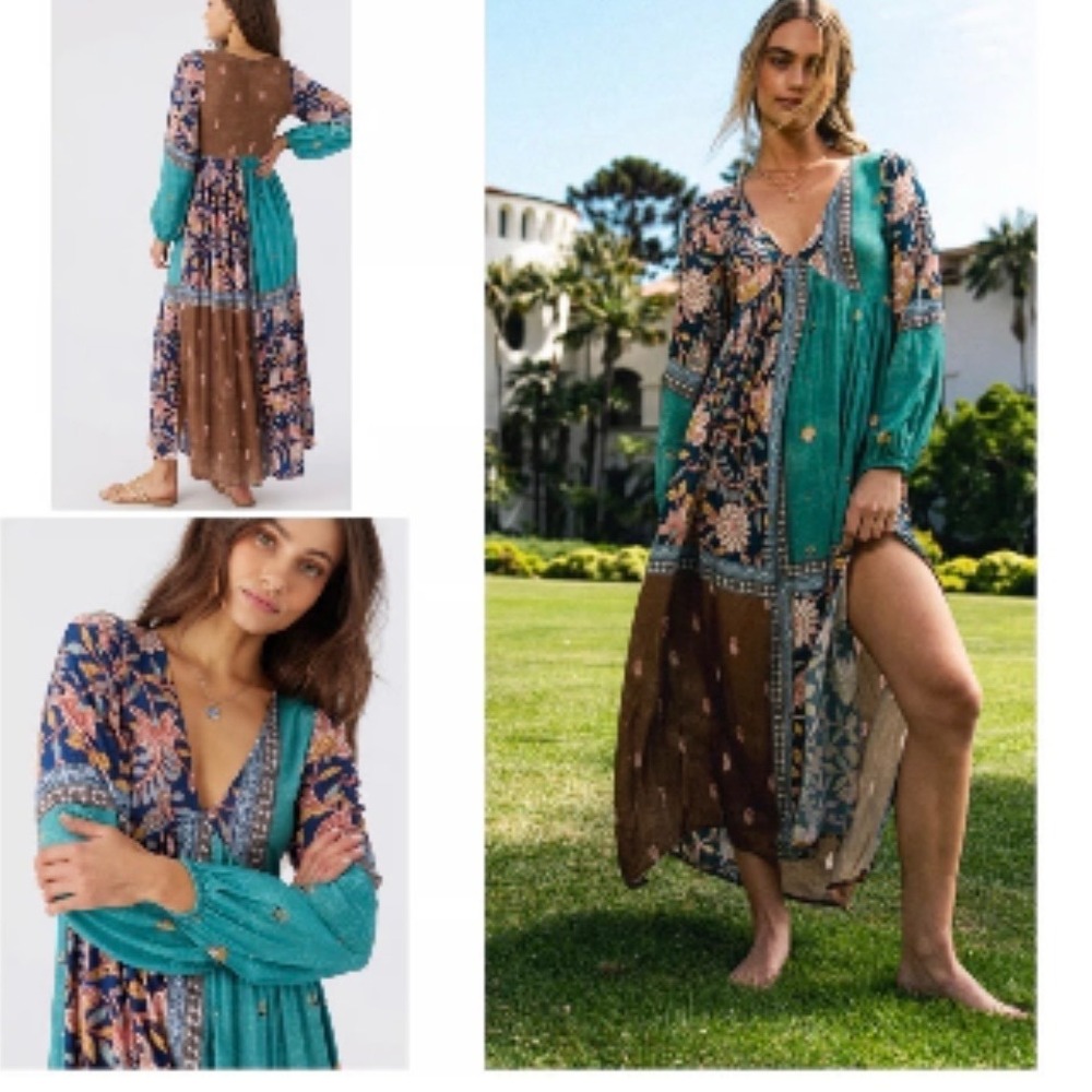 ONeill Womens Mixed Print Patchwork Floral Maxi Dress Teal Brown Boho Size M